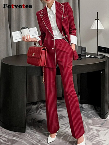 Fotvotee Σετ ριγέ κοστούμι Γυναικείο 2023 Νέα μόδα Γυναικεία Γυναικεία Διπλό Στήθος Slim Blazers Κομψά κοστούμια με ψηλόμεσο παντελόνι