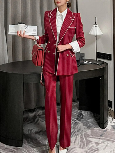 Fotvotee Ženski komplet prugastih odijela 2023. Novi modni uredski ženski uski sakoi s dvostrukim kopčanjem Chic ležerna odijela s hlačama visokog struka