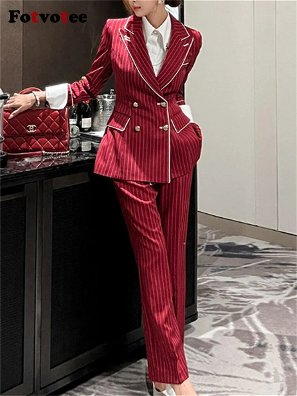 Fotvotee Ženski komplet prugastih odijela 2023. Novi modni uredski ženski uski sakoi s dvostrukim kopčanjem Chic ležerna odijela s hlačama visokog struka