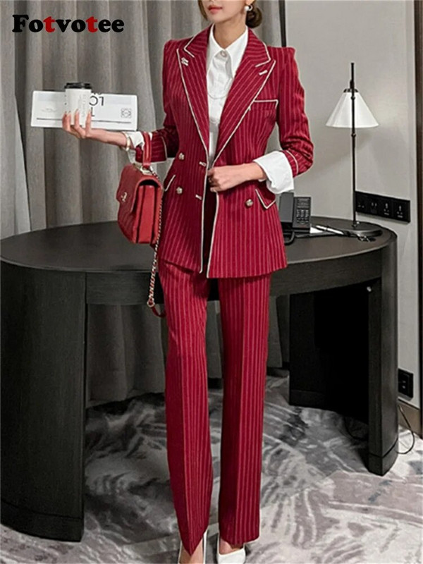 Fotvotee Ženski komplet prugastih odijela 2023. Novi modni uredski ženski uski sakoi s dvostrukim kopčanjem Chic ležerna odijela s hlačama visokog struka