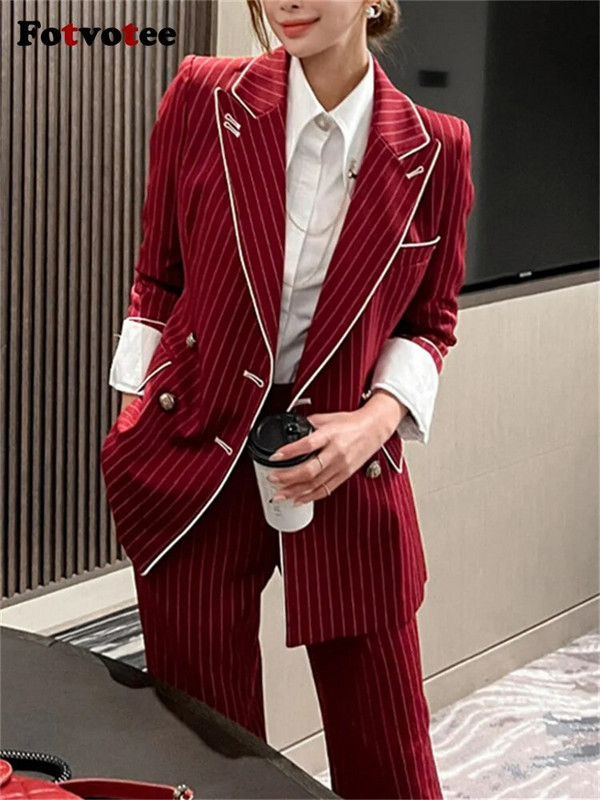 Fotvotee Ženski komplet prugastih odijela 2023. Novi modni uredski ženski uski sakoi s dvostrukim kopčanjem Chic ležerna odijela s hlačama visokog struka