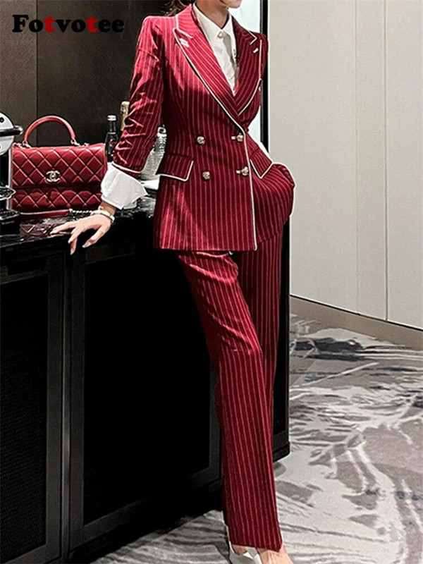 Fotvotee Ženski komplet prugastih odijela 2023. Novi modni uredski ženski uski sakoi s dvostrukim kopčanjem Chic ležerna odijela s hlačama visokog struka