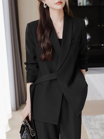 Κομψά κοστούμια παντελονιού Γυναικεία casual office Κορεατική μόδα δύο τεμαχίων μονόχρωμο κολάρο 2023 Νέο φθινοπωρινό χειμερινό σακάκι