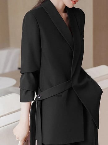 Κομψά κοστούμια παντελονιού Γυναικεία casual office Κορεατική μόδα δύο τεμαχίων μονόχρωμο κολάρο 2023 Νέο φθινοπωρινό χειμερινό σακάκι