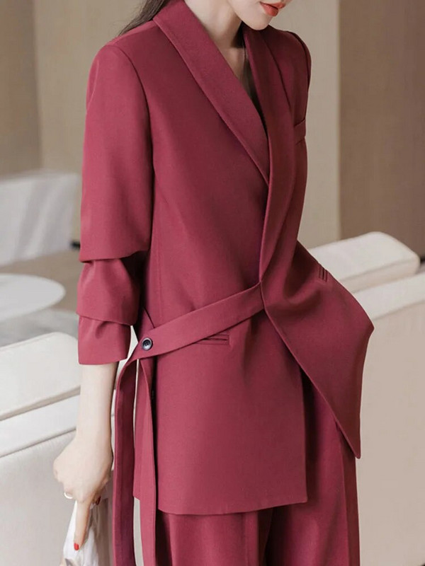 Elegantna odijela s hlačama Ženska ležerna uredska korejska moda Dvodijelni jednobojni ovratnik s otvorenim ovratnikom Novi jesensko-zimski sako odijelo 2023.