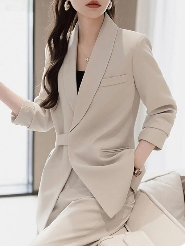 Elegantna odijela s hlačama Ženska ležerna uredska korejska moda Dvodijelni jednobojni ovratnik s otvorenim ovratnikom Novi jesensko-zimski sako odijelo 2023.