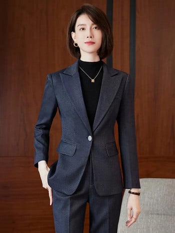Κομψό γυναικείο σακάκι 2023 Φθινοπωρινό μπλε χακί γκρι καρό μόδα σετ 2 τεμαχίων Επίσημα γυναικεία φορέματα γραφείου Επαγγελματικά κοστούμια