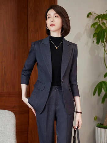 Κομψό γυναικείο σακάκι 2023 Φθινοπωρινό μπλε χακί γκρι καρό μόδα σετ 2 τεμαχίων Επίσημα γυναικεία φορέματα γραφείου Επαγγελματικά κοστούμια