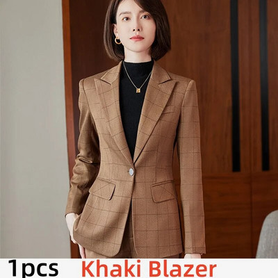 Elegantni ženski blejzer odijelo Jesen 2023. Plavi kaki sivi karirani modni kompleti od 2 komada Svečana radna odjeća za uredske dame Poslovna odijela