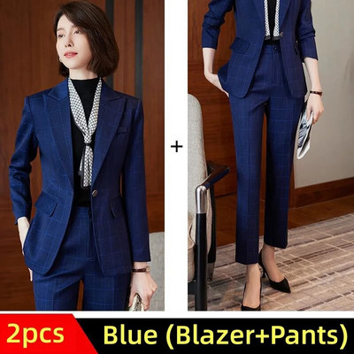 Elegantni ženski blejzer odijelo Jesen 2023. Plavi kaki sivi karirani modni kompleti od 2 komada Svečana radna odjeća za uredske dame Poslovna odijela