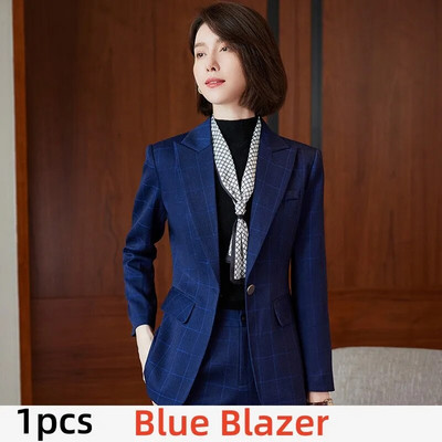 Elegantni ženski blejzer odijelo Jesen 2023. Plavi kaki sivi karirani modni kompleti od 2 komada Svečana radna odjeća za uredske dame Poslovna odijela