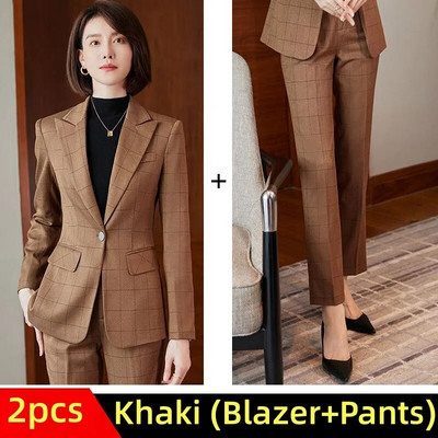 Elegantni ženski blejzer odijelo Jesen 2023. Plavi kaki sivi karirani modni kompleti od 2 komada Svečana radna odjeća za uredske dame Poslovna odijela