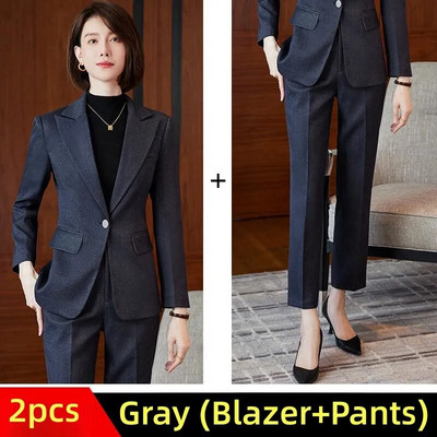 Elegantni ženski blejzer odijelo Jesen 2023. Plavi kaki sivi karirani modni kompleti od 2 komada Svečana radna odjeća za uredske dame Poslovna odijela