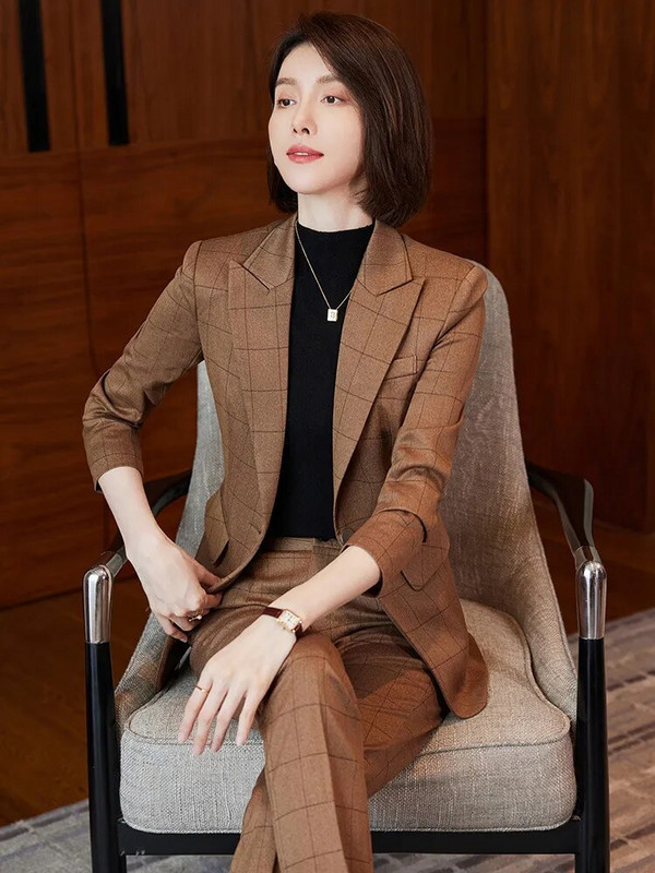 Elegantni ženski blejzer odijelo Jesen 2023. Plavi kaki sivi karirani modni kompleti od 2 komada Svečana radna odjeća za uredske dame Poslovna odijela