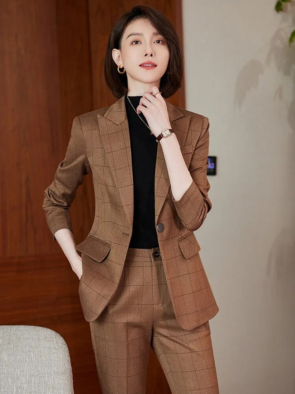 Elegantni ženski blejzer odijelo Jesen 2023. Plavi kaki sivi karirani modni kompleti od 2 komada Svečana radna odjeća za uredske dame Poslovna odijela