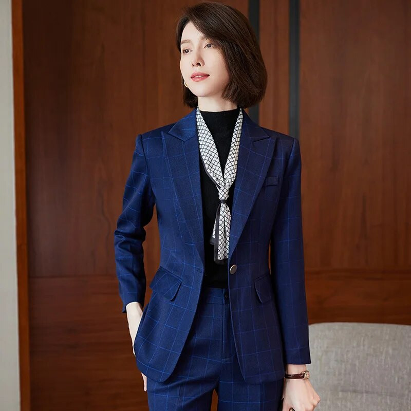 Elegantni ženski blejzer odijelo Jesen 2023. Plavi kaki sivi karirani modni kompleti od 2 komada Svečana radna odjeća za uredske dame Poslovna odijela