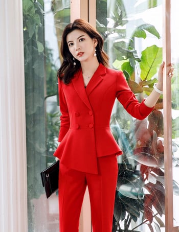 2023 Φθινοπωρινό νέο γυναικείο κοστούμι Κόκκινο μαύρο φούξια βολάν Διπλό μπλέιζερ κοστούμια παντελόνι Επίσημο επαγγελματικό κοστούμι για γυναικεία εργασία