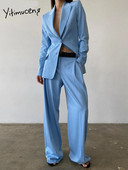 Yitimuceng mėlyni moteriški kostiumai biuro komplektai, 2023 m. Naujos mados biuro moteriškos moteriškos ilgos rankovės užsegamos švarkai Prašmatnūs kelnių kostiumai aukštu juosmeniu
