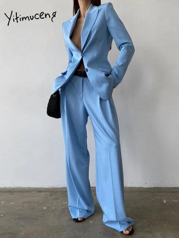 Yitimuceng Μπλε γυναικείες φόρμες Σετ γραφείου 2023 Νέα μόδα Γυναικεία μακρυμάνικα κουμπιά σακάκια με ψηλόμεσο παντελόνι