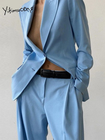 Yitimuceng Μπλε γυναικείες φόρμες Σετ γραφείου 2023 Νέα μόδα Γυναικεία μακρυμάνικα κουμπιά σακάκια με ψηλόμεσο παντελόνι