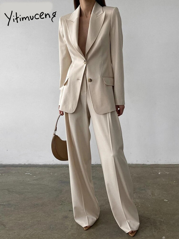 Yitimuceng mėlyni moteriški kostiumai biuro komplektai, 2023 m. Naujos mados biuro moteriškos moteriškos ilgos rankovės užsegamos švarkai Prašmatnūs kelnių kostiumai aukštu juosmeniu