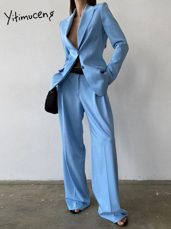 Yitimuceng mėlyni moteriški kostiumai biuro komplektai, 2023 m. Naujos mados biuro moteriškos moteriškos ilgos rankovės užsegamos švarkai Prašmatnūs kelnių kostiumai aukštu juosmeniu