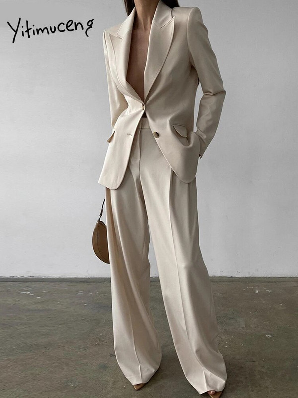 Yitimuceng mėlyni moteriški kostiumai biuro komplektai, 2023 m. Naujos mados biuro moteriškos moteriškos ilgos rankovės užsegamos švarkai Prašmatnūs kelnių kostiumai aukštu juosmeniu