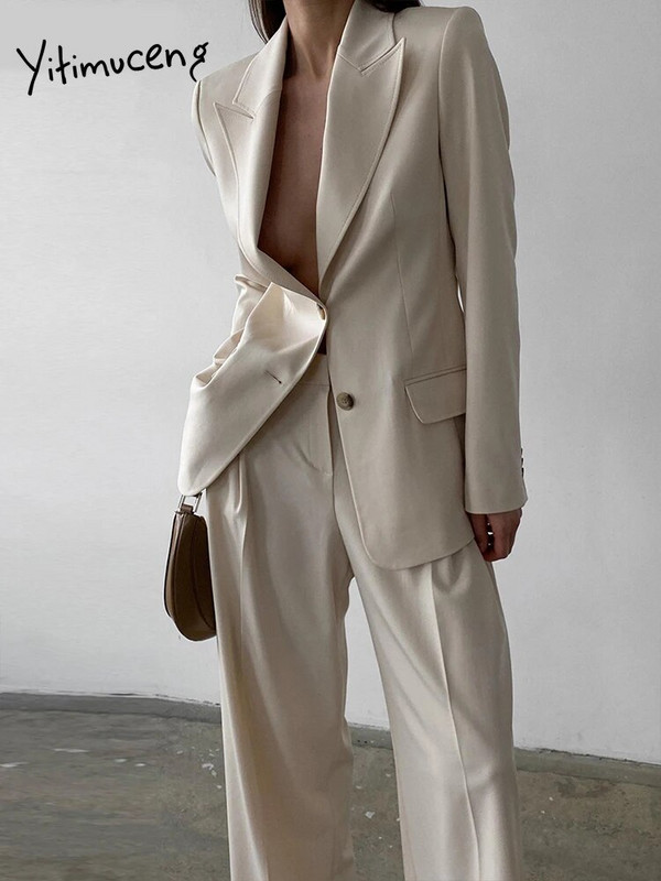 Yitimuceng mėlyni moteriški kostiumai biuro komplektai, 2023 m. Naujos mados biuro moteriškos moteriškos ilgos rankovės užsegamos švarkai Prašmatnūs kelnių kostiumai aukštu juosmeniu
