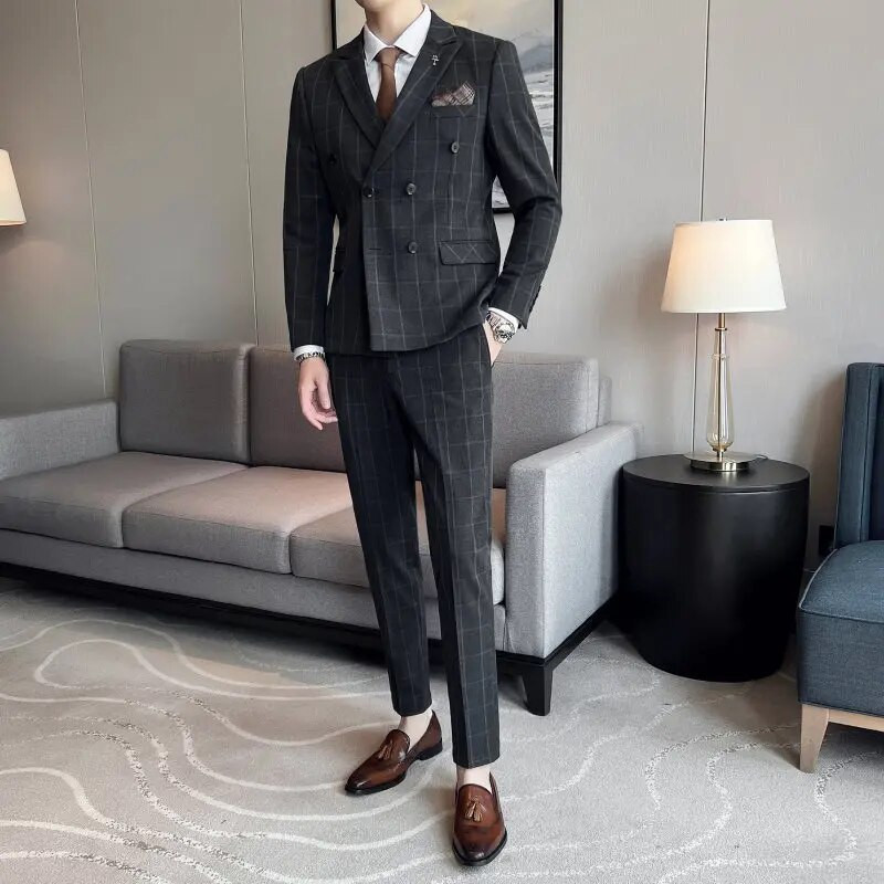 2023-as butik férfi (blézer + mellény + nadrág) divatos, üzleti esküvői olasz stílusú, hétköznapi, kétsoros, hosszú esküvői ruha, 3 készlet