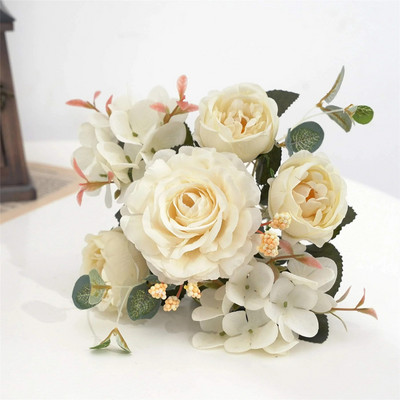 Pünkösdi rózsa művirág bordó selyem rózsa csokor hortenzia bazsarózsa vintage esküvői menyasszonyi csokor hamis virág otthoni dekoráció