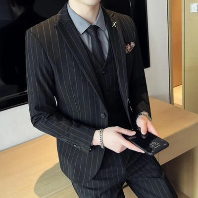 Boutique (Blazer+ Γιλέκο + Παντελόνι) Ανδρική Μόδα Business Casual Ιταλικό στυλ Slim-fit Wedding Gentleman ριγέ Σετ 3 τεμαχίων