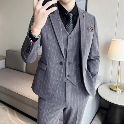 Boutique (Blazer+ Γιλέκο + Παντελόνι) Ανδρική Μόδα Business Casual Ιταλικό στυλ Slim-fit Wedding Gentleman ριγέ Σετ 3 τεμαχίων