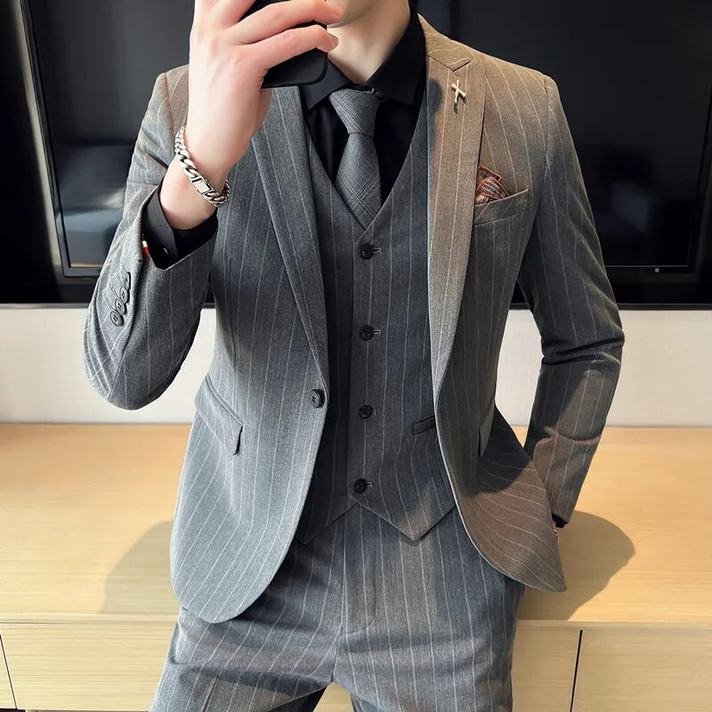 Boutique (Blazer+ Γιλέκο + Παντελόνι) Ανδρική Μόδα Business Casual Ιταλικό στυλ Slim-fit Wedding Gentleman ριγέ Σετ 3 τεμαχίων