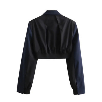 Γυναικεία μόδα μπλε μπλέ ριγέ Crop blazer κοστούμι 2023 Φθινόπωρο για κορίτσια High Street Κοντά σακάκια Κοστούμια Επώνυμα Σετ ασορτί blazer