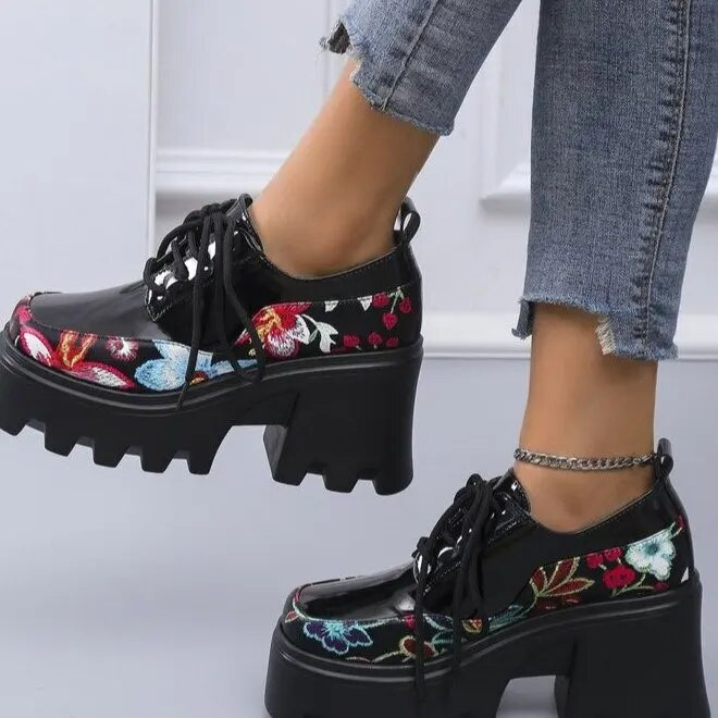 Modes liela izmēra retro ādas apavi 2022. gada jauna pavasara un rudens apdruka, Mērija Džeina, biezs papēdis, bieza apakšdaļa, mežģīne ar apaļu galvu