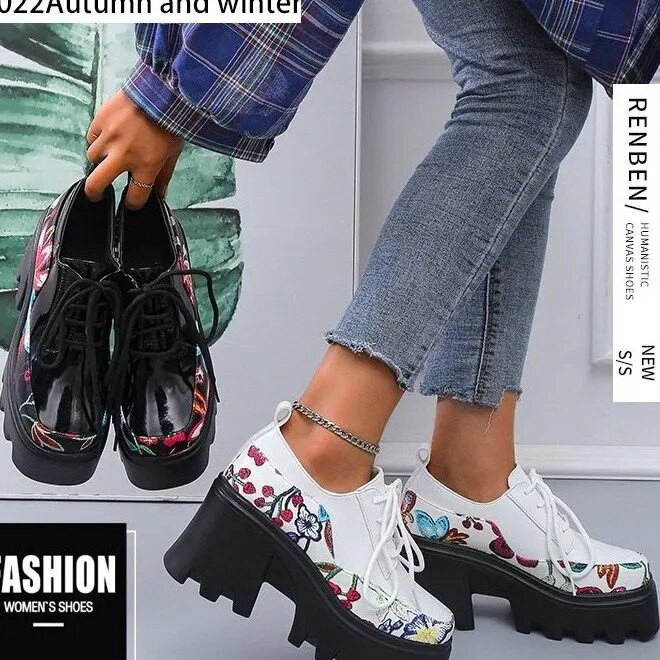 Modes liela izmēra retro ādas apavi 2022. gada jauna pavasara un rudens apdruka, Mērija Džeina, biezs papēdis, bieza apakšdaļa, mežģīne ar apaļu galvu