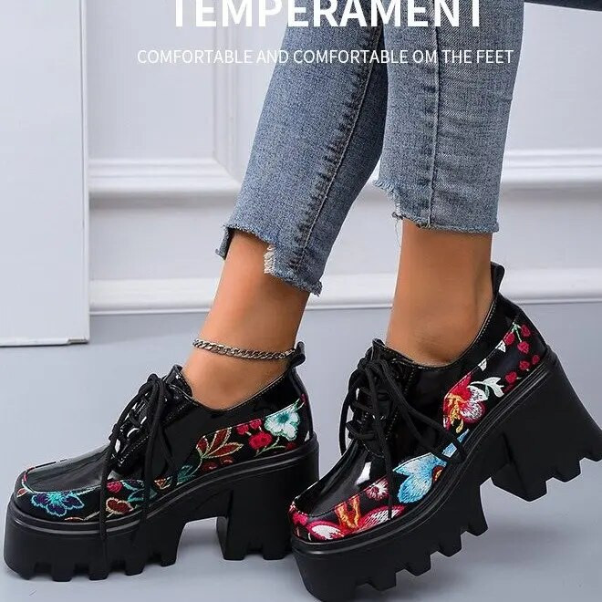 Modes liela izmēra retro ādas apavi 2022. gada jauna pavasara un rudens apdruka, Mērija Džeina, biezs papēdis, bieza apakšdaļa, mežģīne ar apaļu galvu