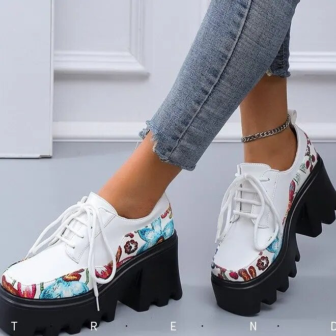 Modes liela izmēra retro ādas apavi 2022. gada jauna pavasara un rudens apdruka, Mērija Džeina, biezs papēdis, bieza apakšdaļa, mežģīne ar apaļu galvu