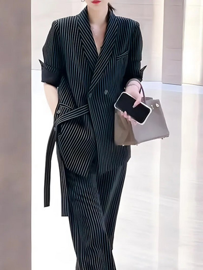 Ženski modni elegantni uredski odijelo s prugastim hlačama Ležerni starinski blejzer jakne Hlače širokih nogavica Komplet od dva dijela Ženska svečana odjeća