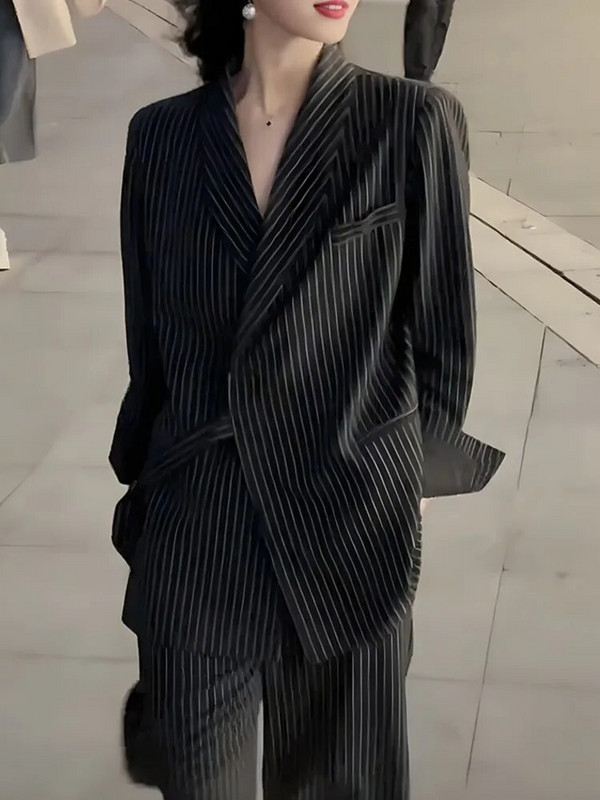 Ženski modni elegantni uredski odijelo s prugastim hlačama Ležerni starinski blejzer jakne Hlače širokih nogavica Komplet od dva dijela Ženska svečana odjeća