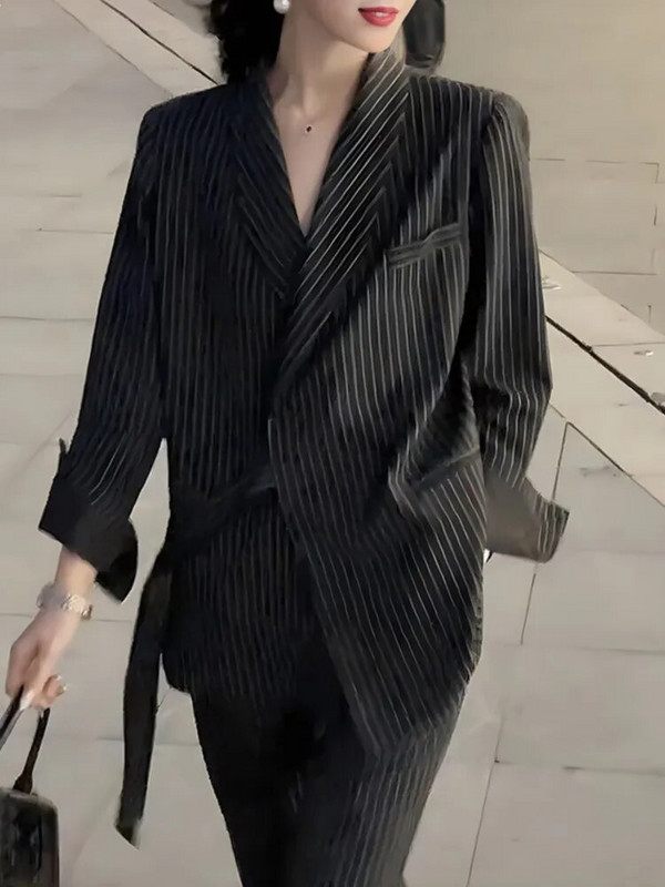 Ženski modni elegantni uredski odijelo s prugastim hlačama Ležerni starinski blejzer jakne Hlače širokih nogavica Komplet od dva dijela Ženska svečana odjeća