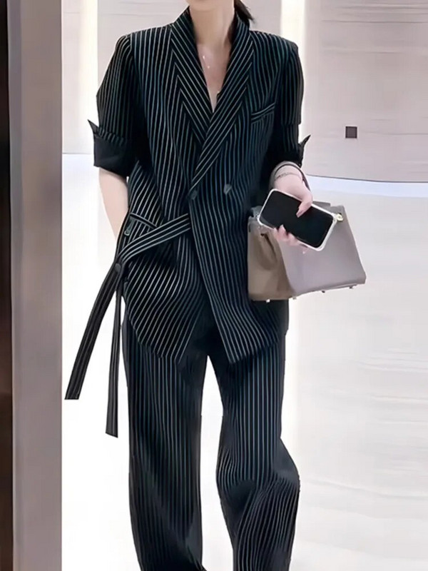Ženski modni elegantni uredski odijelo s prugastim hlačama Ležerni starinski blejzer jakne Hlače širokih nogavica Komplet od dva dijela Ženska svečana odjeća