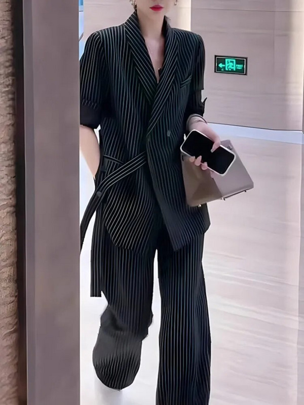 Ženski modni elegantni uredski odijelo s prugastim hlačama Ležerni starinski blejzer jakne Hlače širokih nogavica Komplet od dva dijela Ženska svečana odjeća