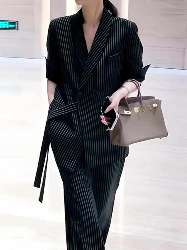 Ženski modni elegantni uredski odijelo s prugastim hlačama Ležerni starinski blejzer jakne Hlače širokih nogavica Komplet od dva dijela Ženska svečana odjeća