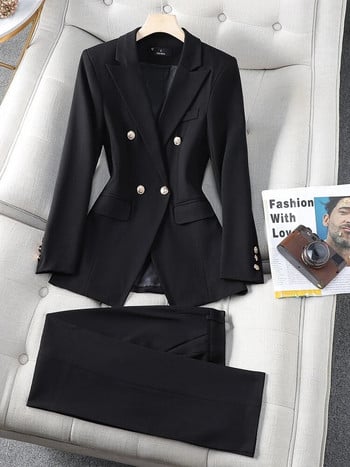 Μπεζ βερίκοκο μαύρο ριγέ γυναικείο επίσημο κοστούμι παντελόνι Γυναικείο επαγγελματικό μπουφάν και παντελόνι 2 τεμαχίων