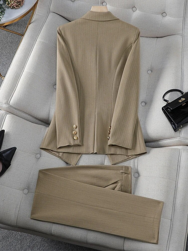 Bež marelica, crne pruge, ženski formalni komplet odijela s hlačama Ženska ženska poslovna radna odjeća Sako i hlače, 2 komada