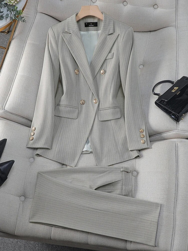 Bež marelica, crne pruge, ženski formalni komplet odijela s hlačama Ženska ženska poslovna radna odjeća Sako i hlače, 2 komada