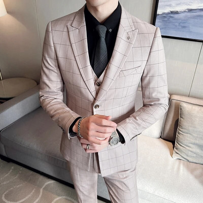 Kiváló minőségű, 2022-es (blézer + mellény + nadrág) férfi, brit stílusú, elegáns divatos, hétköznapi egyszerű üzleti formális háromrészes öltöny