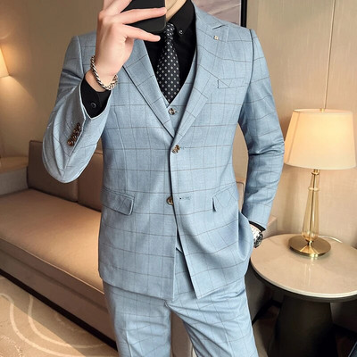 Kiváló minőségű, 2022-es (blézer + mellény + nadrág) férfi, brit stílusú, elegáns divatos, hétköznapi egyszerű üzleti formális háromrészes öltöny