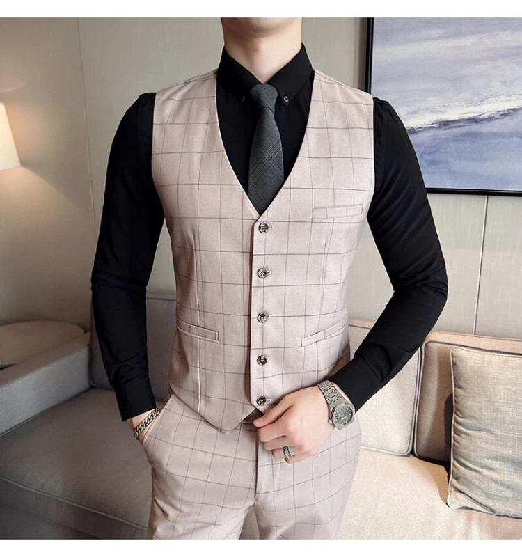 Kiváló minőségű, 2022-es (blézer + mellény + nadrág) férfi, brit stílusú, elegáns divatos, hétköznapi egyszerű üzleti formális háromrészes öltöny